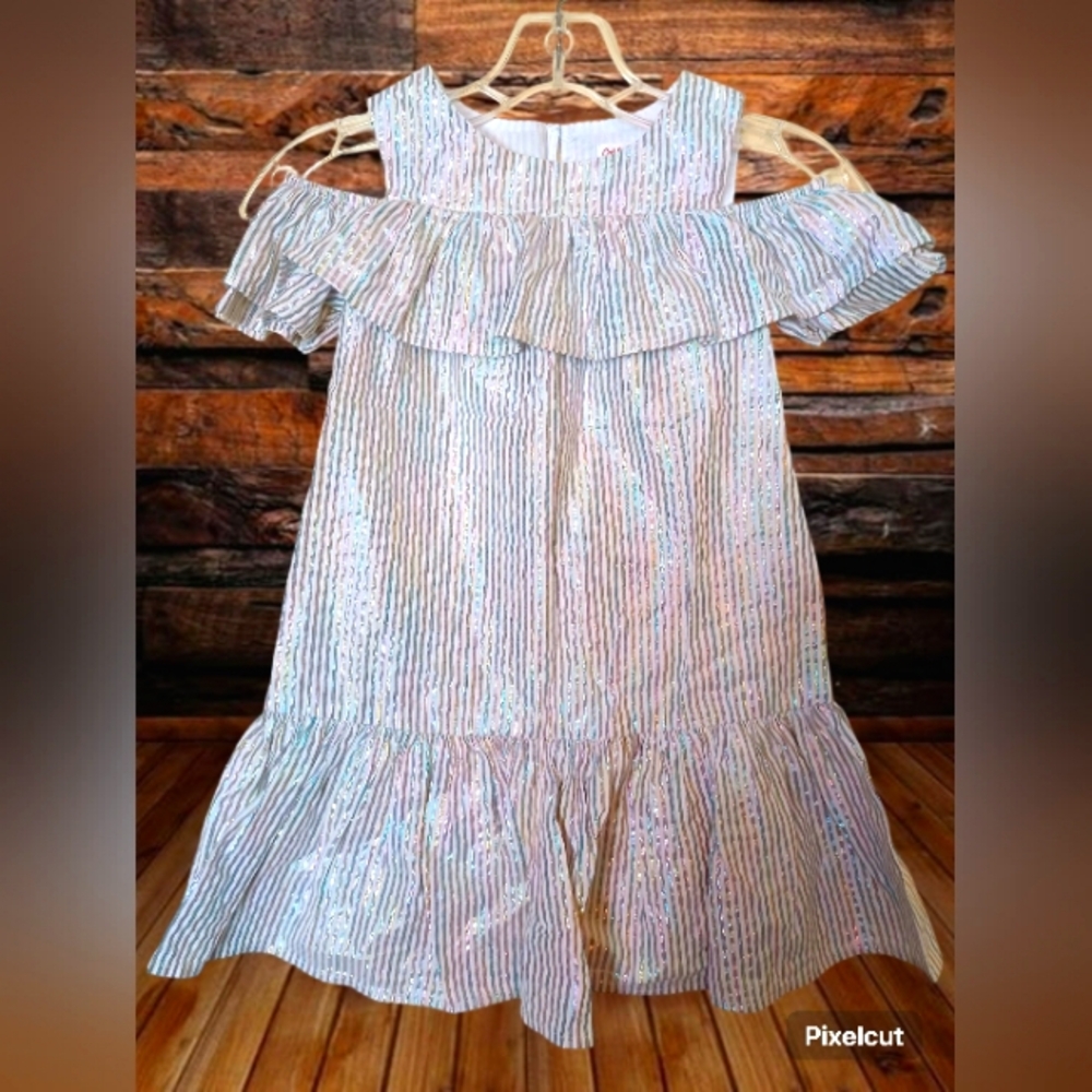 Cat & Jack Gold, Silver, Iridescent Blue Sparkly Striped Sleeveless dress Girl 6